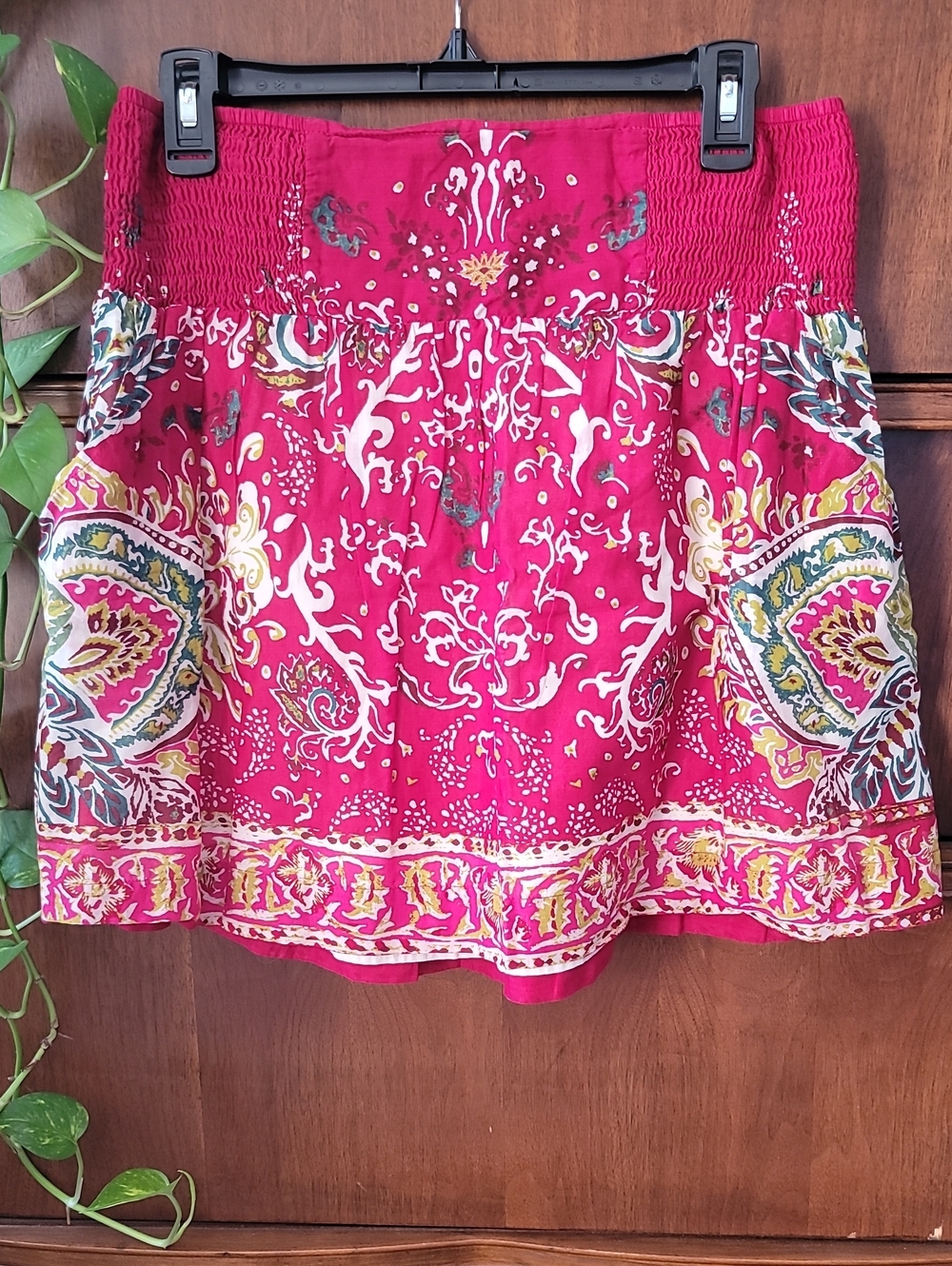 Lucky Brand Boho Red Multicolor Floral Smocked Waist Mini Skirt with Pockets
